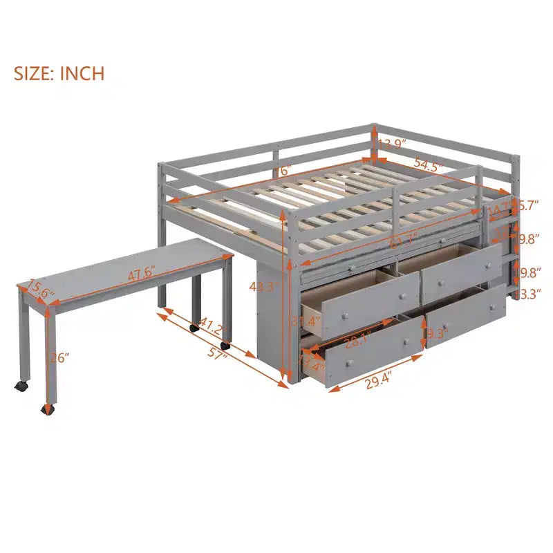 Whisen 76L x 41.8W Letto a soppalco Twin Size con scrivania estraibile e 4 cassetti, scrivania laterale portatile e mensole