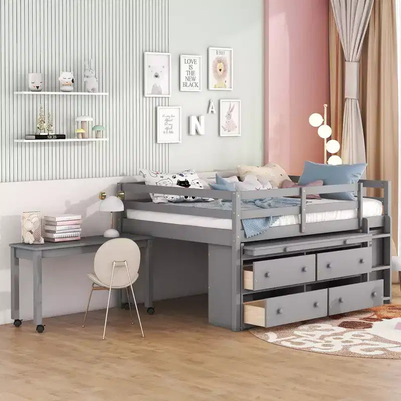 Whisen 76L x 41.8W Twin Size Loft Bed with Retractable Writing Desk and 4 Drawers, Lateral Portable Desk and Shelves