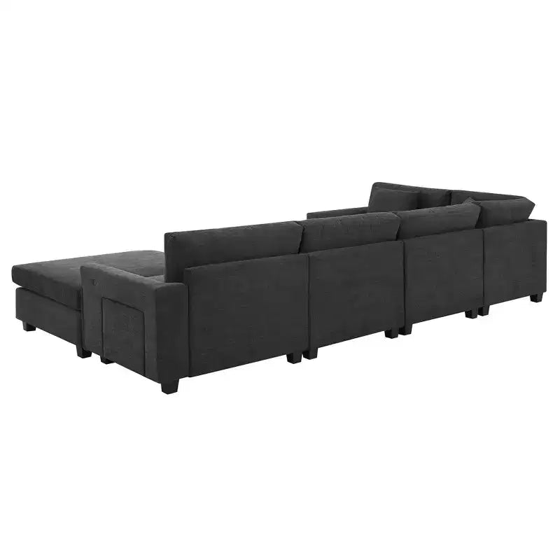 Divano componibile a U Whisen Modern in ciniglia con pouf di grandi dimensioni, portaoggetti nel bracciolo nascosto e portabicchieri, porte di ricarica USB