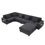 Divano componibile a U Whisen Modern in ciniglia con pouf di grandi dimensioni, portaoggetti nel bracciolo nascosto e portabicchieri, porte di ricarica USB