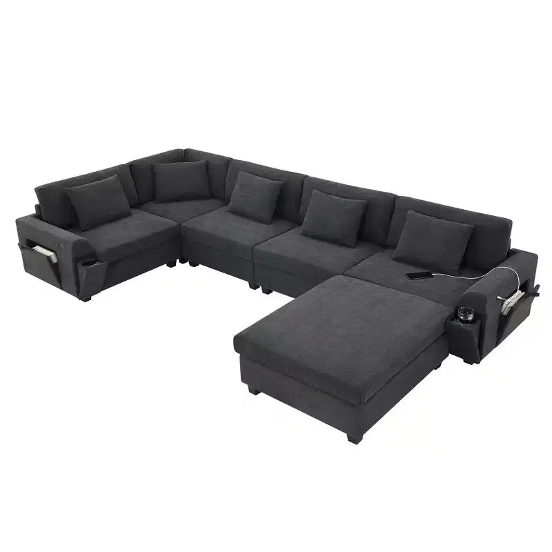 Divano componibile a U Whisen Modern in ciniglia con pouf di grandi dimensioni, portaoggetti nel bracciolo nascosto e portabicchieri, porte di ricarica USB