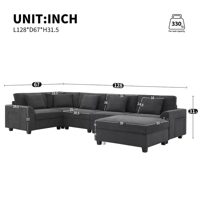 Divano componibile a U Whisen Modern in ciniglia con pouf di grandi dimensioni, portaoggetti nel bracciolo nascosto e portabicchieri, porte di ricarica USB