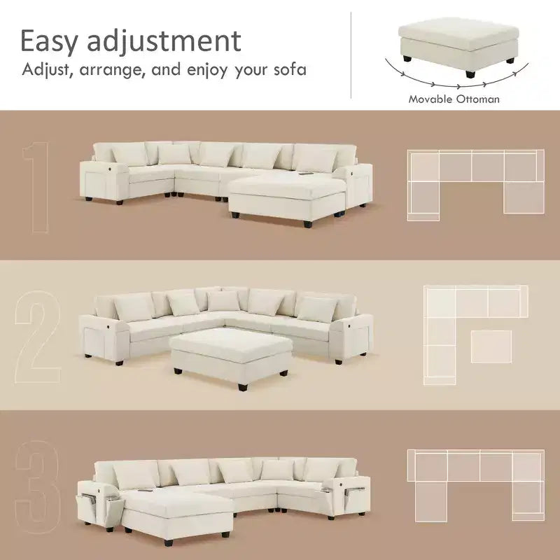 Divano componibile a U Whisen Modern in ciniglia con pouf di grandi dimensioni, portaoggetti nel bracciolo nascosto e portabicchieri, porte di ricarica USB