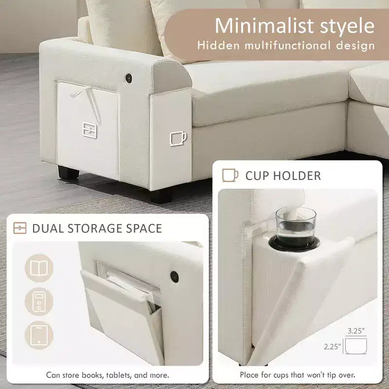 Divano componibile a U Whisen Modern in ciniglia con pouf di grandi dimensioni, portaoggetti nel bracciolo nascosto e portabicchieri, porte di ricarica USB