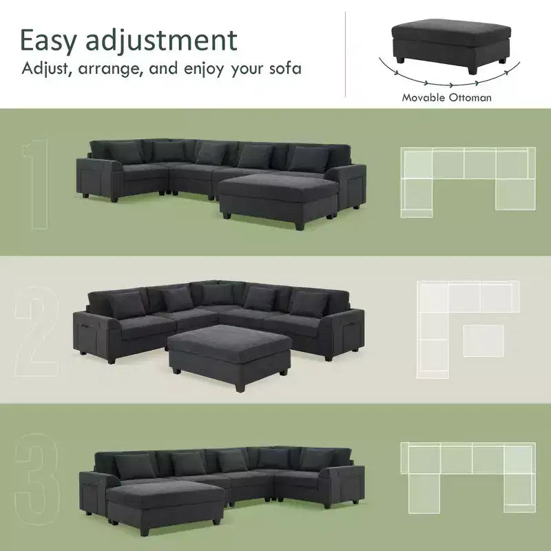 Divano componibile a U Whisen Modern in ciniglia con pouf di grandi dimensioni, portaoggetti nel bracciolo nascosto e portabicchieri, porte di ricarica USB