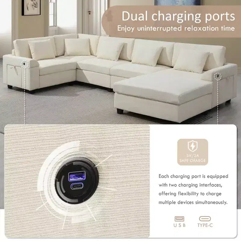 Divano componibile a U Whisen Modern in ciniglia con pouf di grandi dimensioni, portaoggetti nel bracciolo nascosto e portabicchieri, porte di ricarica USB