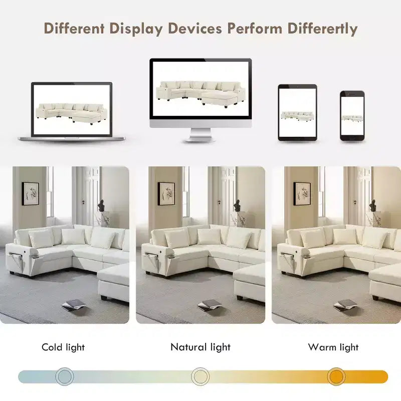 Divano componibile a U Whisen Modern in ciniglia con pouf di grandi dimensioni, portaoggetti nel bracciolo nascosto e portabicchieri, porte di ricarica USB
