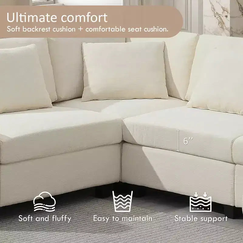 Divano componibile a U Whisen Modern in ciniglia con pouf di grandi dimensioni, portaoggetti nel bracciolo nascosto e portabicchieri, porte di ricarica USB