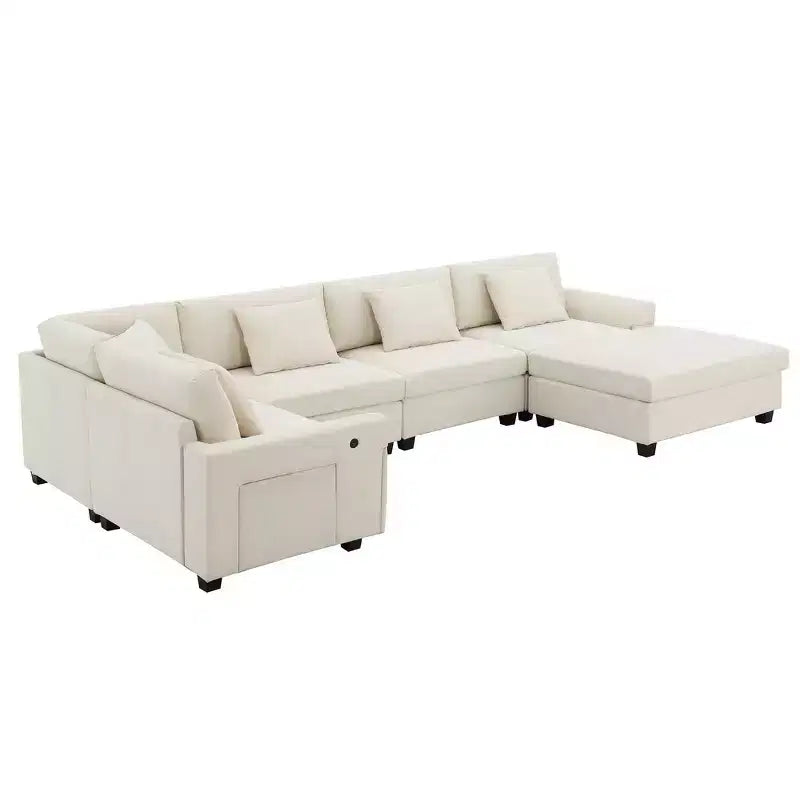 Divano componibile a U Whisen Modern in ciniglia con pouf di grandi dimensioni, portaoggetti nel bracciolo nascosto e portabicchieri, porte di ricarica USB