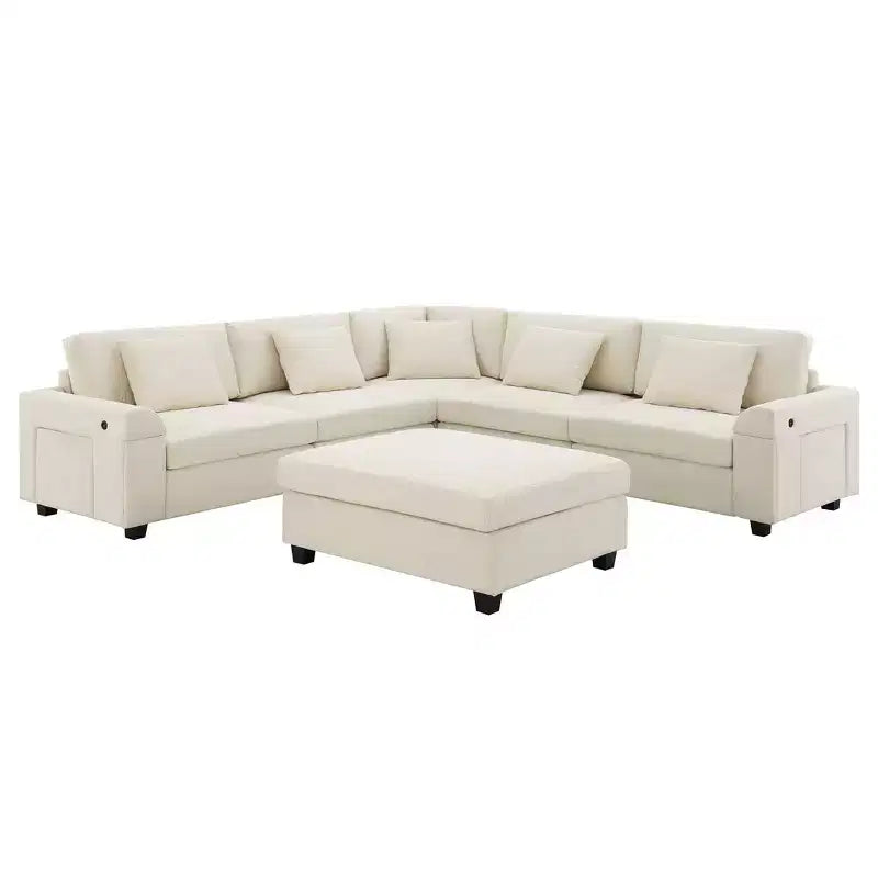 Divano componibile a U Whisen Modern in ciniglia con pouf di grandi dimensioni, portaoggetti nel bracciolo nascosto e portabicchieri, porte di ricarica USB