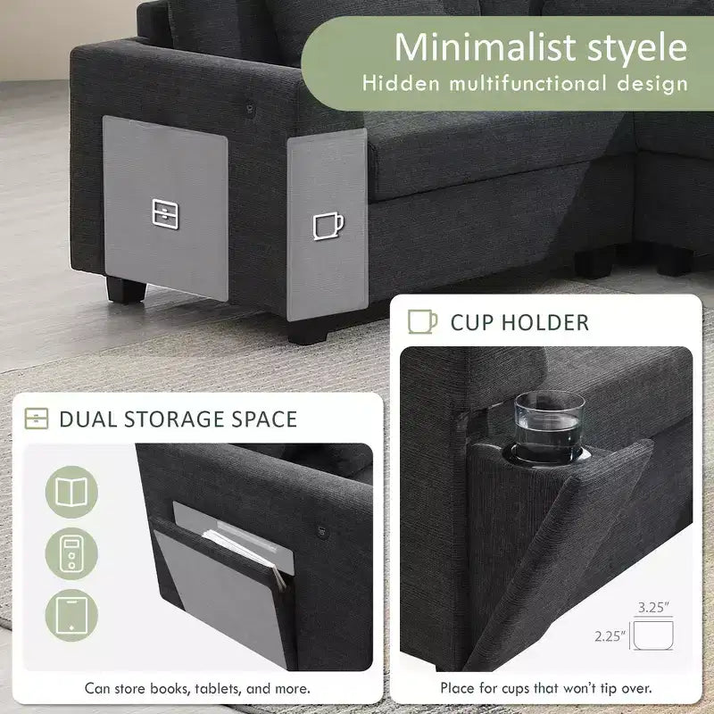 Divano componibile a U Whisen Modern in ciniglia con pouf di grandi dimensioni, portaoggetti nel bracciolo nascosto e portabicchieri, porte di ricarica USB