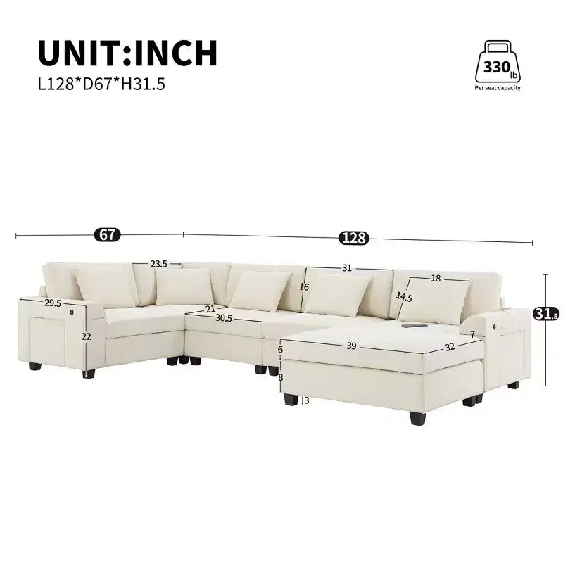 Divano componibile a U Whisen Modern in ciniglia con pouf di grandi dimensioni, portaoggetti nel bracciolo nascosto e portabicchieri, porte di ricarica USB