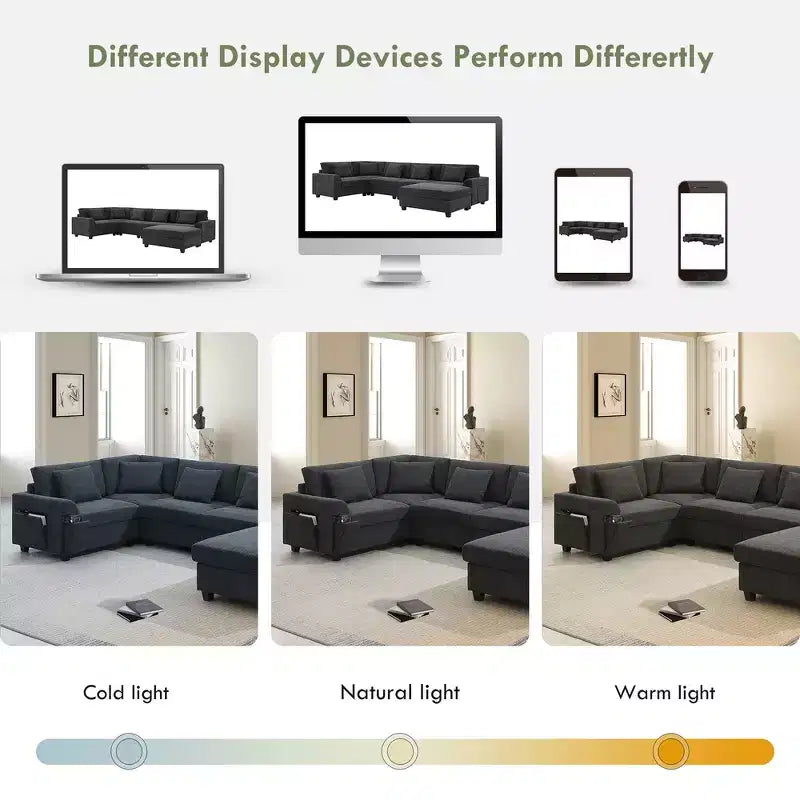 Divano componibile a U Whisen Modern in ciniglia con pouf di grandi dimensioni, portaoggetti nel bracciolo nascosto e portabicchieri, porte di ricarica USB