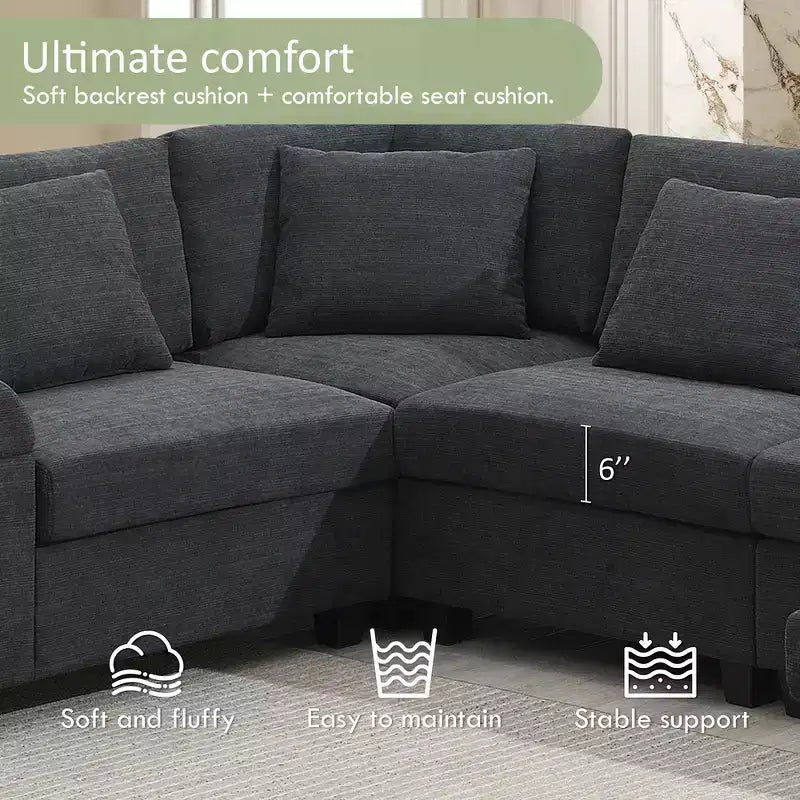 Divano componibile a U Whisen Modern in ciniglia con pouf di grandi dimensioni, portaoggetti nel bracciolo nascosto e portabicchieri, porte di ricarica USB