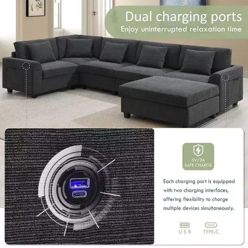 Divano componibile a U Whisen Modern in ciniglia con pouf di grandi dimensioni, portaoggetti nel bracciolo nascosto e portabicchieri, porte di ricarica USB
