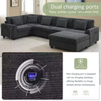 Divano componibile a U Whisen Modern in ciniglia con pouf di grandi dimensioni, portaoggetti nel bracciolo nascosto e portabicchieri, porte di ricarica USB