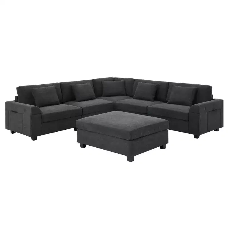 Divano componibile a U Whisen Modern in ciniglia con pouf di grandi dimensioni, portaoggetti nel bracciolo nascosto e portabicchieri, porte di ricarica USB