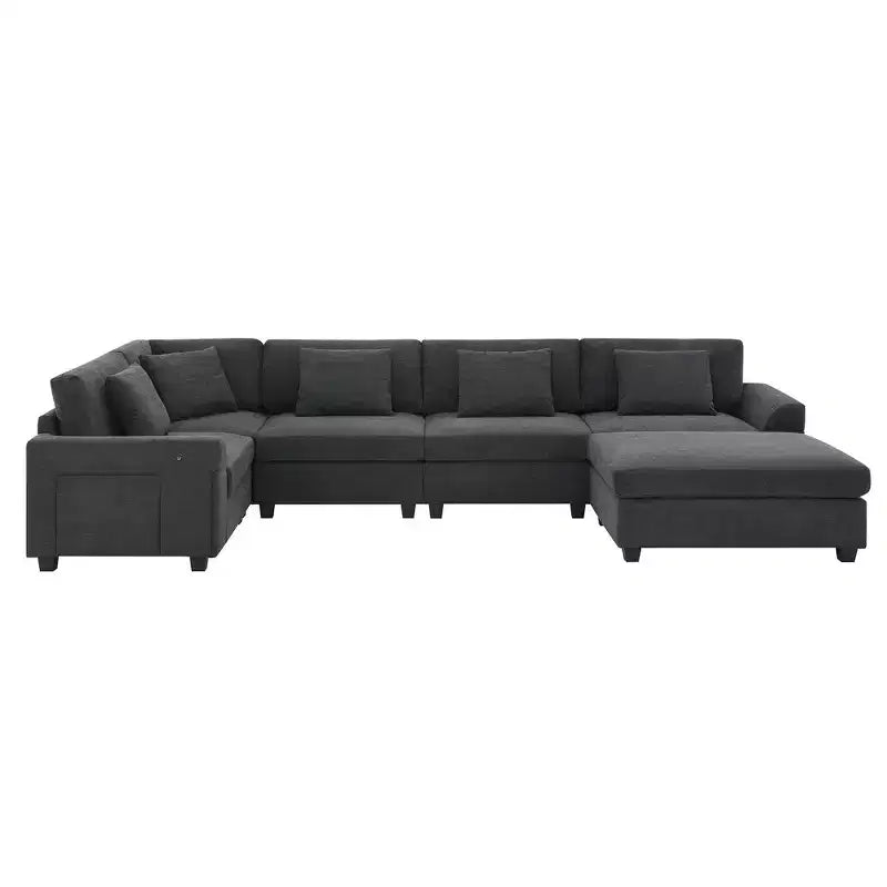 Divano componibile a U Whisen Modern in ciniglia con pouf di grandi dimensioni, portaoggetti nel bracciolo nascosto e portabicchieri, porte di ricarica USB