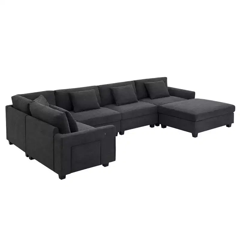 Divano componibile a U Whisen Modern in ciniglia con pouf di grandi dimensioni, portaoggetti nel bracciolo nascosto e portabicchieri, porte di ricarica USB