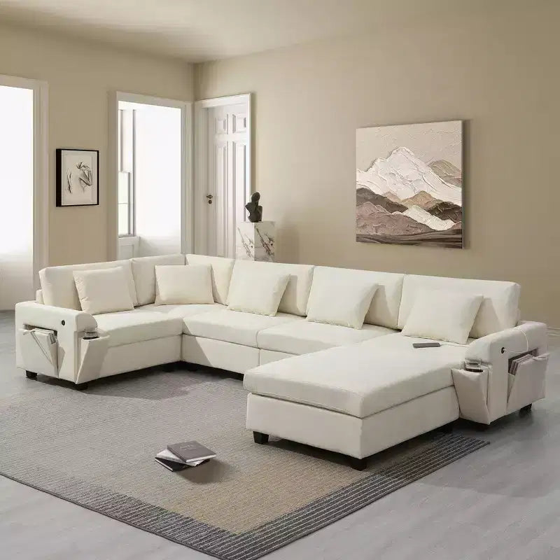 Divano componibile a U Whisen Modern in ciniglia con pouf di grandi dimensioni, portaoggetti nel bracciolo nascosto e portabicchieri, porte di ricarica USB