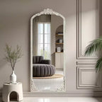 Solid wood carved flower straight-angle micro-curved weathered white full-length mirror (without stand)