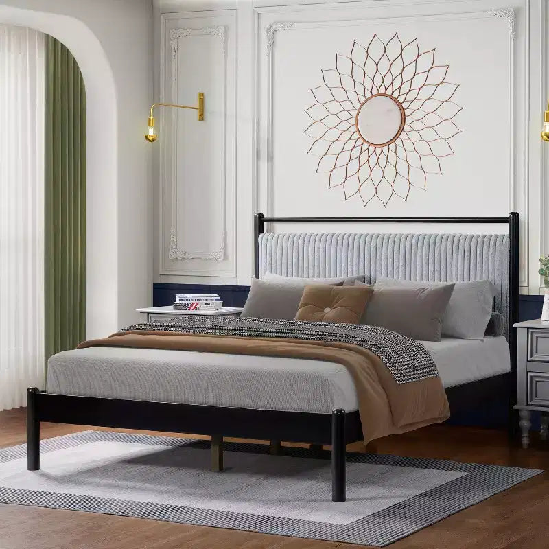Full/Queen Size Platform Bed Frame with Fluffy Soft Headboard, Black+Gray-ModernLuxe