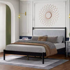 Full/Queen Size Platform Bed Frame with Fluffy Soft Headboard, Black+Gray-ModernLuxe