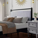 Struttura letto a piattaforma matrimoniale/queen size con morbida testiera imbottita, Nero+Grigio-ModernLuxe