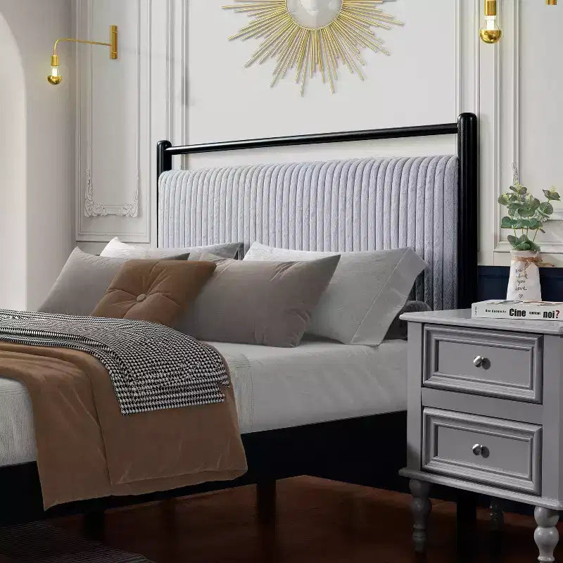 Struttura letto a piattaforma matrimoniale/queen size con morbida testiera imbottita, Nero+Grigio-ModernLuxe