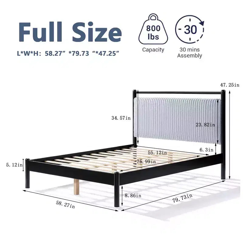 Struttura letto a piattaforma matrimoniale/queen size con morbida testiera imbottita, Nero+Grigio-ModernLuxe
