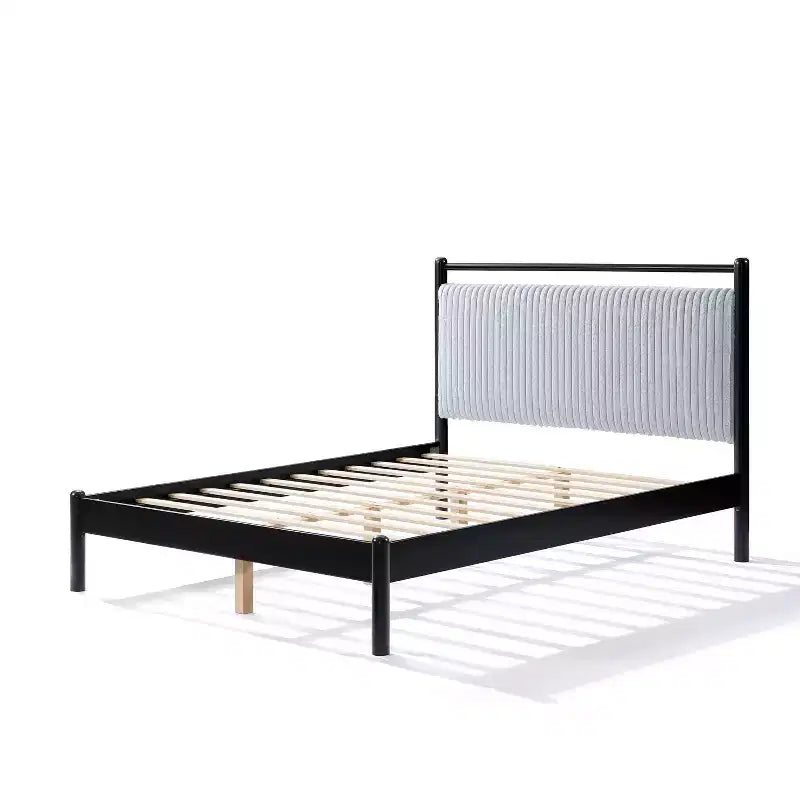 Struttura letto a piattaforma matrimoniale/queen size con morbida testiera imbottita, Nero+Grigio-ModernLuxe