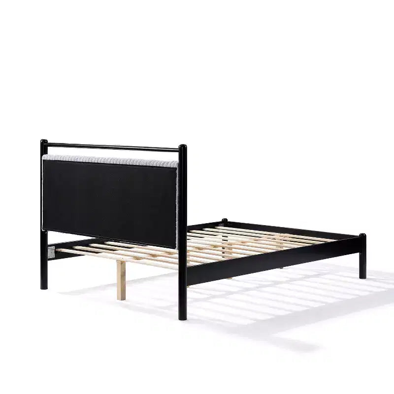 Struttura letto a piattaforma matrimoniale/queen size con morbida testiera imbottita, Nero+Grigio-ModernLuxe