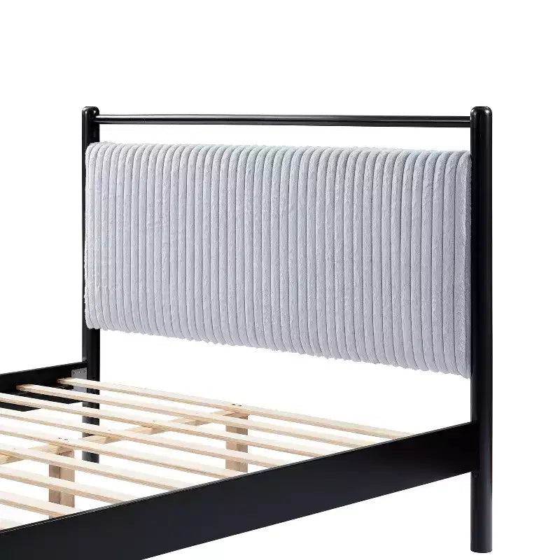 Struttura letto a piattaforma matrimoniale/queen size con morbida testiera imbottita, Nero+Grigio-ModernLuxe