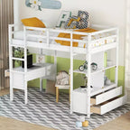 Whisen 78.20''L  57.50''W Wood Loft Bed with Built-in Desk with Two Drawers, Storage Shelves and Drawers