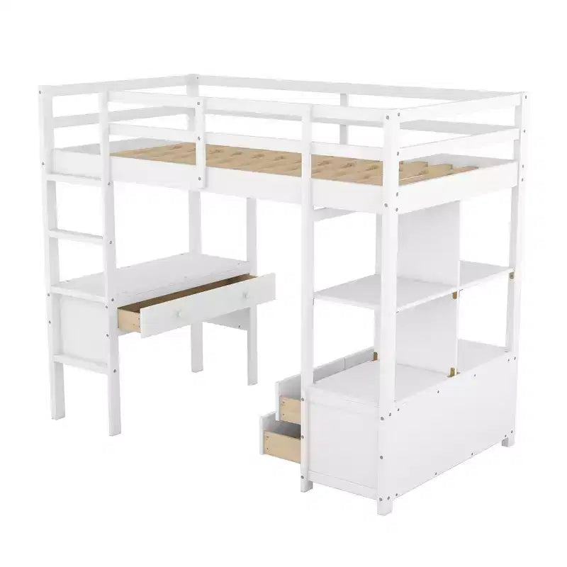 Letto a soppalco in legno Whisen 78.20''L 57.50''W con scrivania integrata con due cassetti, ripiani e cassetti portaoggetti
