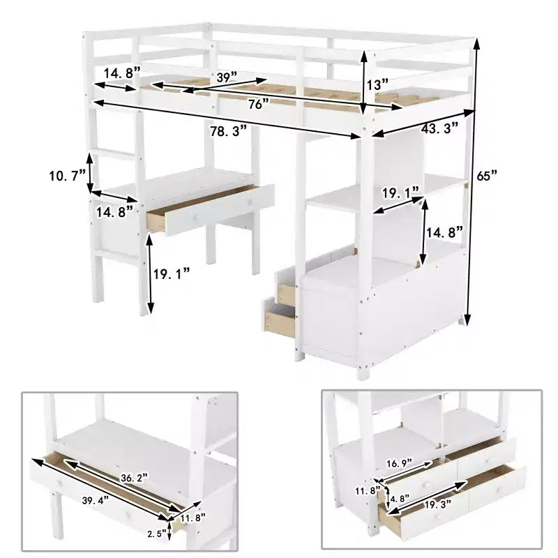 Letto a soppalco in legno Whisen 78.20''L 57.50''W con scrivania integrata con due cassetti, ripiani e cassetti portaoggetti
