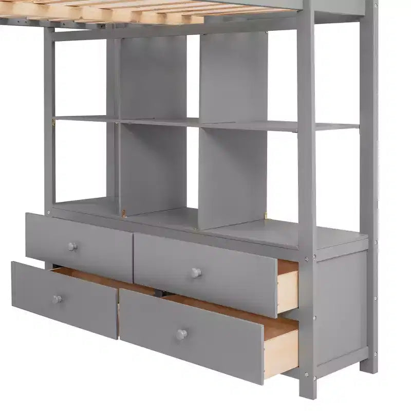Letto a soppalco in legno Whisen 78.20''L 57.50''W con scrivania integrata con due cassetti, ripiani e cassetti portaoggetti