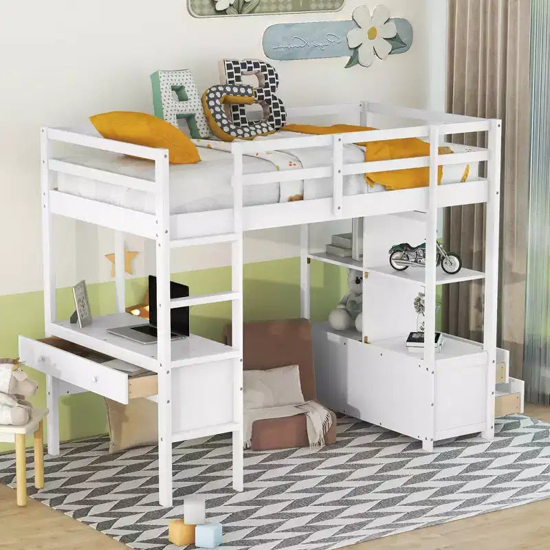 Letto a soppalco in legno Whisen 78.20''L 57.50''W con scrivania integrata con due cassetti, ripiani e cassetti portaoggetti