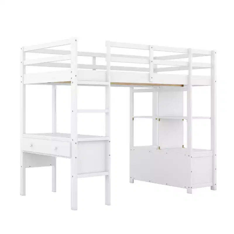 Letto a soppalco in legno Whisen 78.20''L 57.50''W con scrivania integrata con due cassetti, ripiani e cassetti portaoggetti