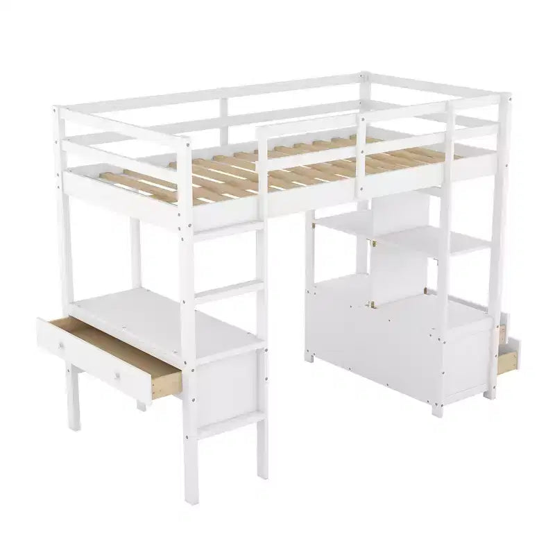 Letto a soppalco in legno Whisen 78.20''L 57.50''W con scrivania integrata con due cassetti, ripiani e cassetti portaoggetti