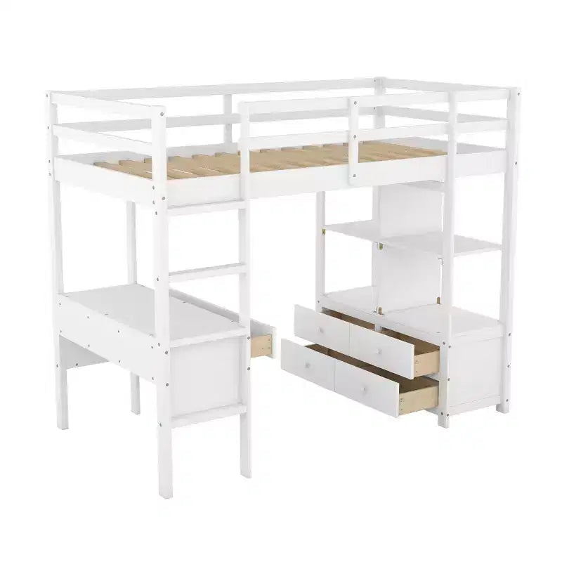 Letto a soppalco in legno Whisen 78.20''L 57.50''W con scrivania integrata con due cassetti, ripiani e cassetti portaoggetti