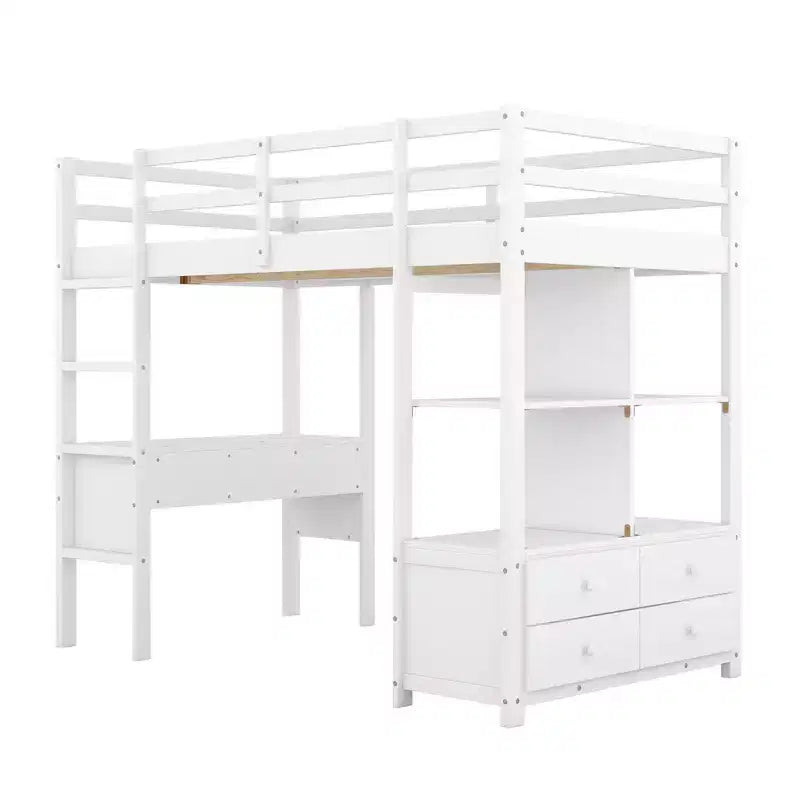 Letto a soppalco in legno Whisen 78.20''L 57.50''W con scrivania integrata con due cassetti, ripiani e cassetti portaoggetti