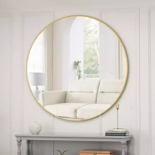 Specchio da parete circolare dorato oversize da 48 pollici: Grande, con cornice in metallo, da toeletta, per camerino - Lusso per bagno, soggiorno, camera da letto