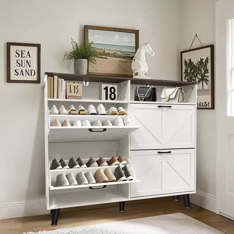 Scarpiera, Armadietto portatile per scarpe con 4 cassetti a ribalta e design a porta a granaio, Scarpiera stretta e sottile, Organizzatore di scarpe
