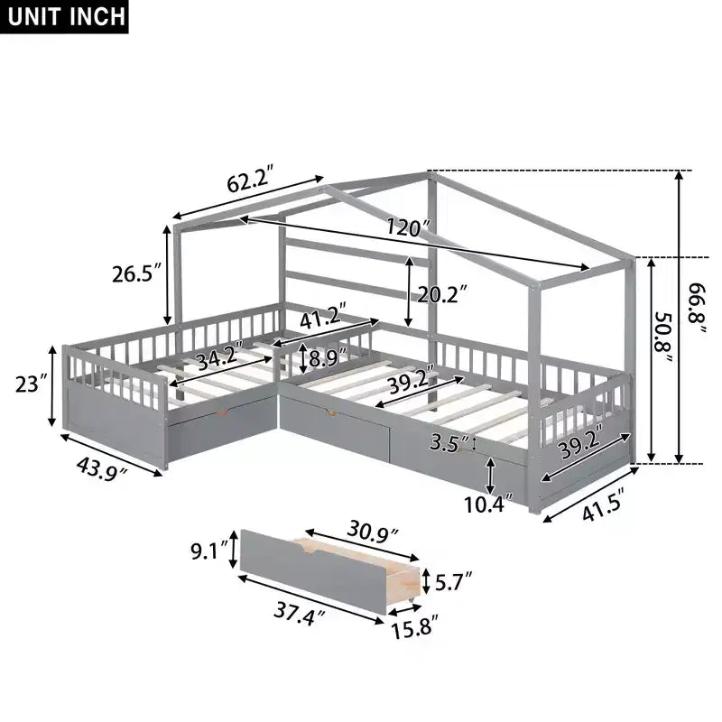 Letto a piattaforma a casetta Whisen, una piazza e mezza, con tre cassetti contenitore
