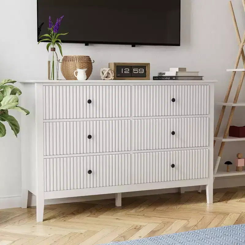 Cassettiera doppia Heynemo Morden a 6 cassetti a righe verticali, cassettiera verniciata, mobile contenitore in legno per camera da letto e soggiorno