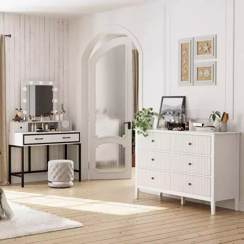 Cassettiera doppia Heynemo Morden a 6 cassetti a righe verticali, cassettiera verniciata, mobile contenitore in legno per camera da letto e soggiorno