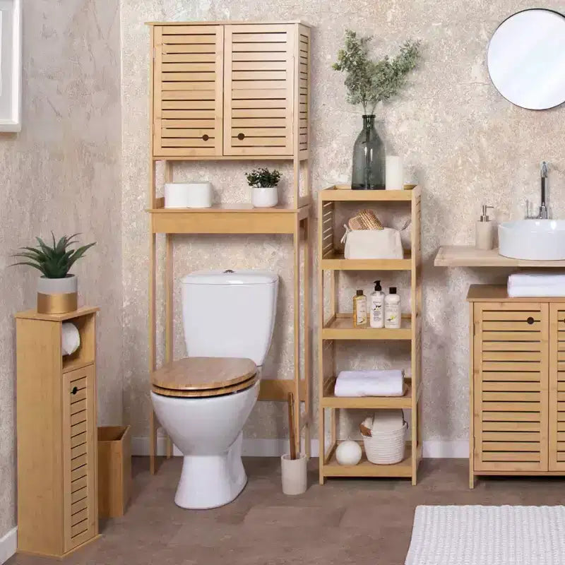 Evideco Mobiletto salvaspazio da bagno da mettere sopra al WC, con doppie ante ventilate e ripiano aperto, colore naturale - Collezione Trinidad