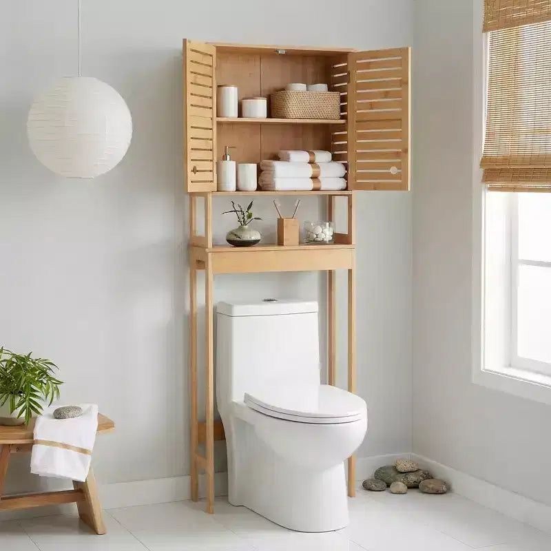 Evideco Mobiletto salvaspazio da bagno da mettere sopra al WC, con doppie ante ventilate e ripiano aperto, colore naturale - Collezione Trinidad