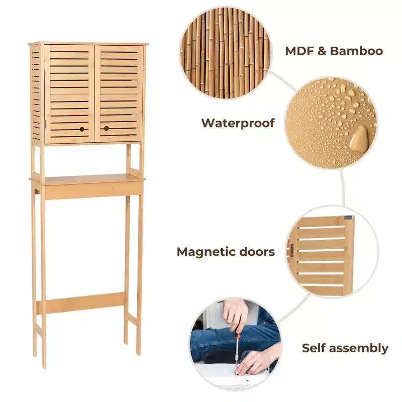 Evideco Mobiletto salvaspazio da bagno da mettere sopra al WC, con doppie ante ventilate e ripiano aperto, colore naturale - Collezione Trinidad